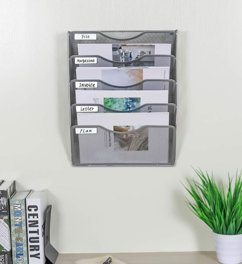 EasyPAG 5 Pocket Mesh Wall File Organizer, Hanging Paper Folder Holder with Classify Label, Vertical Wall Mount Mail Organizer for Office Home Classroom, Silver - Image 5